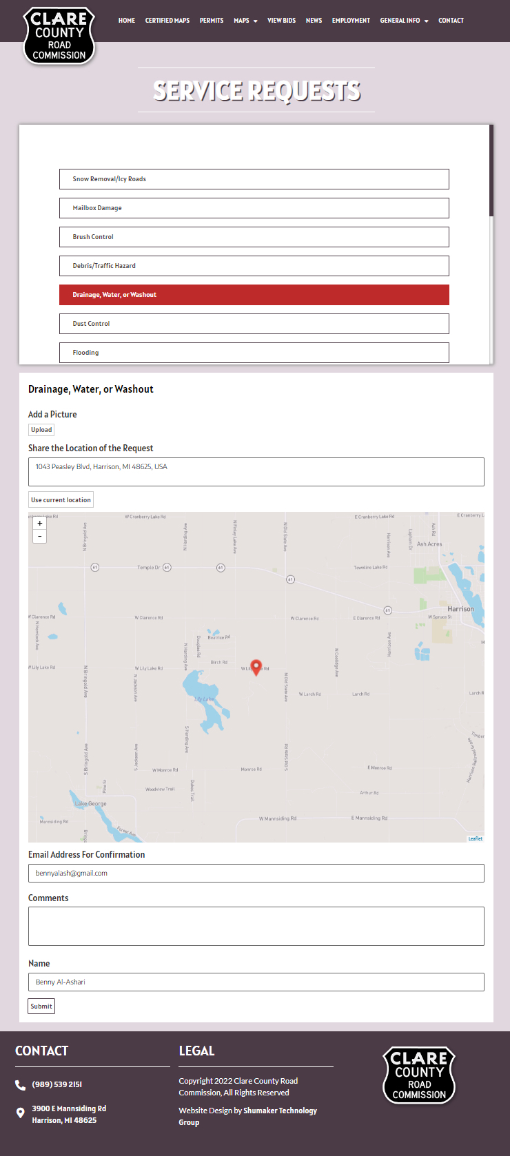 Clare County Road Commission Service Request Web App Pic
